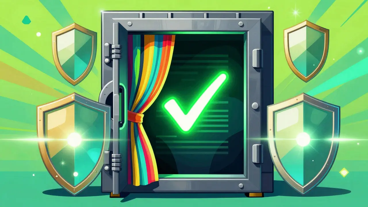 Shielded digital vault with curtains showing verification in colorful illustration.