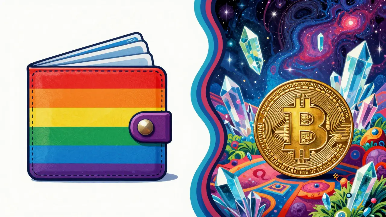 Split illustration showing an orderly government digital wallet and a cosmic private crypto landscape.