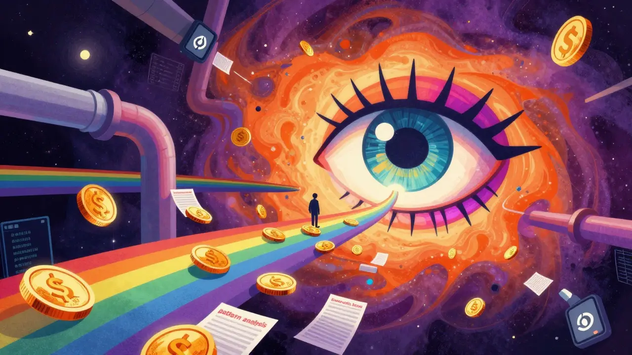 Stylized cosmic eye monitoring colorful digital currency flows in a vibrant, surreal landscape.