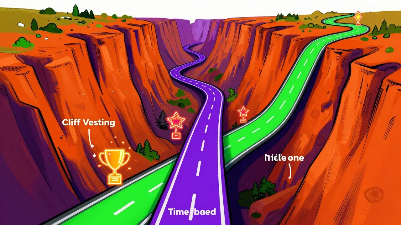 Three colorful winding paths representing different token vesting structures.