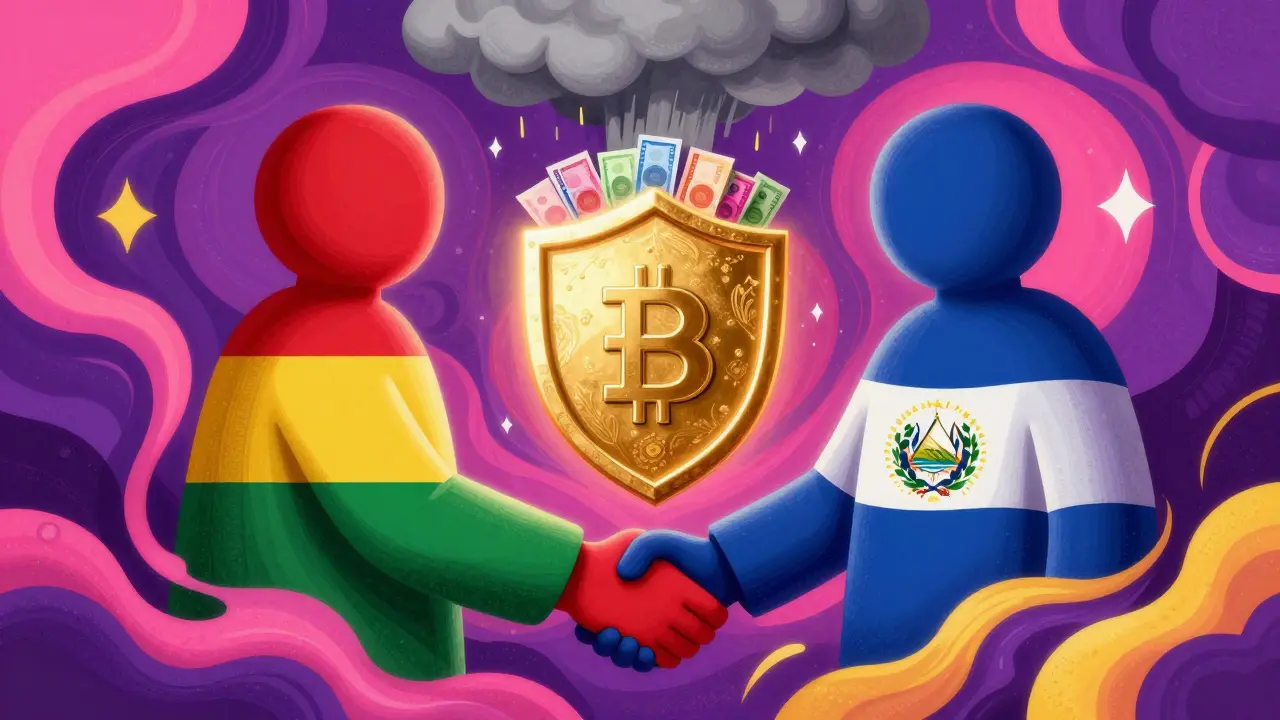 Two cosmic figures shaking hands next to a golden stablecoin shield in a vibrant, psychedelic landscape.