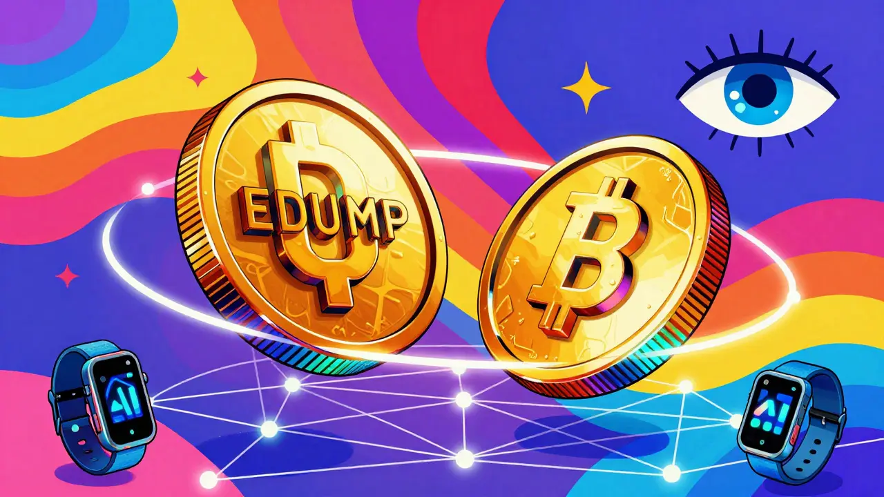 Two stylized cryptocurrency tokens orbiting in a colorful, abstract AI network