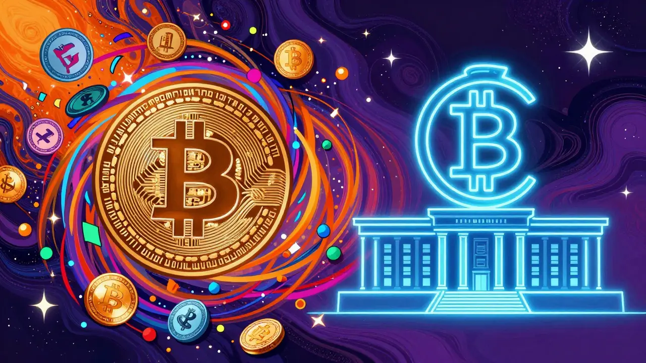 Vibrant artistic comparison between private cryptocurrencies and the official Digital Rupee.