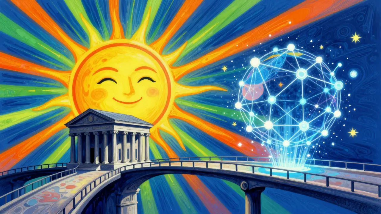 Vibrant illustration of a bridge connecting a traditional bank to a digital blockchain network.