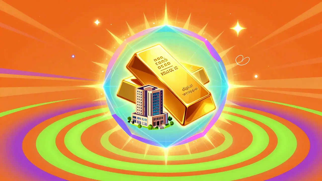 Vibrant illustration of a building being transformed into a glowing digital token