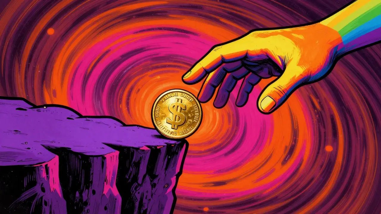 Vibrant illustration of a gold coin balanced on a neon cliff above a colorful vortex