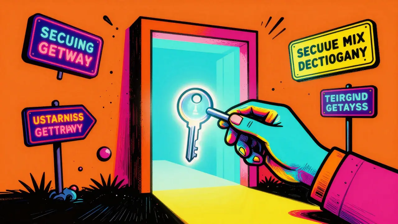 Vibrant illustration of a hand using a digital key to enter a colorful secure portal