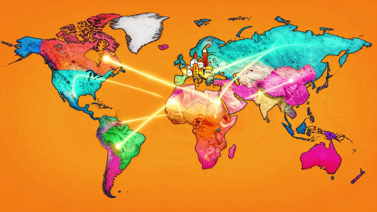 Vibrant map with neon lines connecting continents representing global digital currency flows.