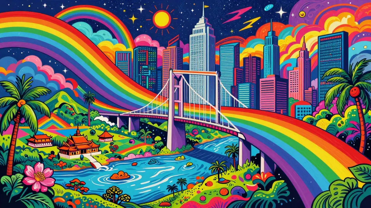 Vibrant Peter Max style artwork showing a rainbow bridge connecting a city to a landscape