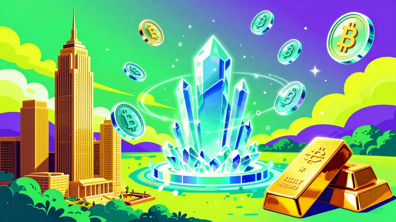 Vibrant pop-art depiction of physical assets transforming into digital tokens on a blockchain