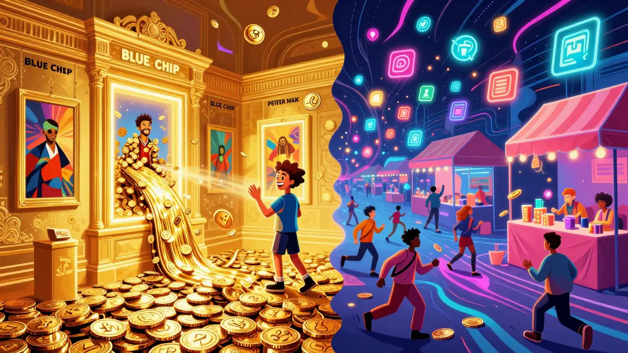 Vibrant pop art split between a prestigious gold gallery and a chaotic neon digital bazaar.