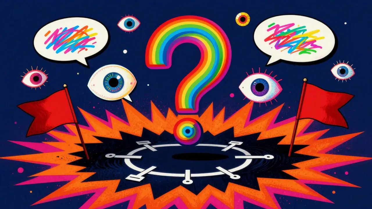 Vibrant rainbow question mark over a dark void with abstract neon shapes.