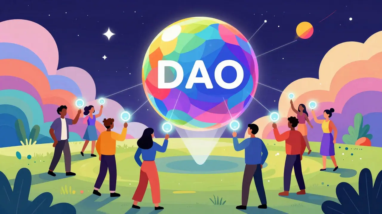 Vibrant scene of people connected to a colorful floating orb symbolizing a DAO.
