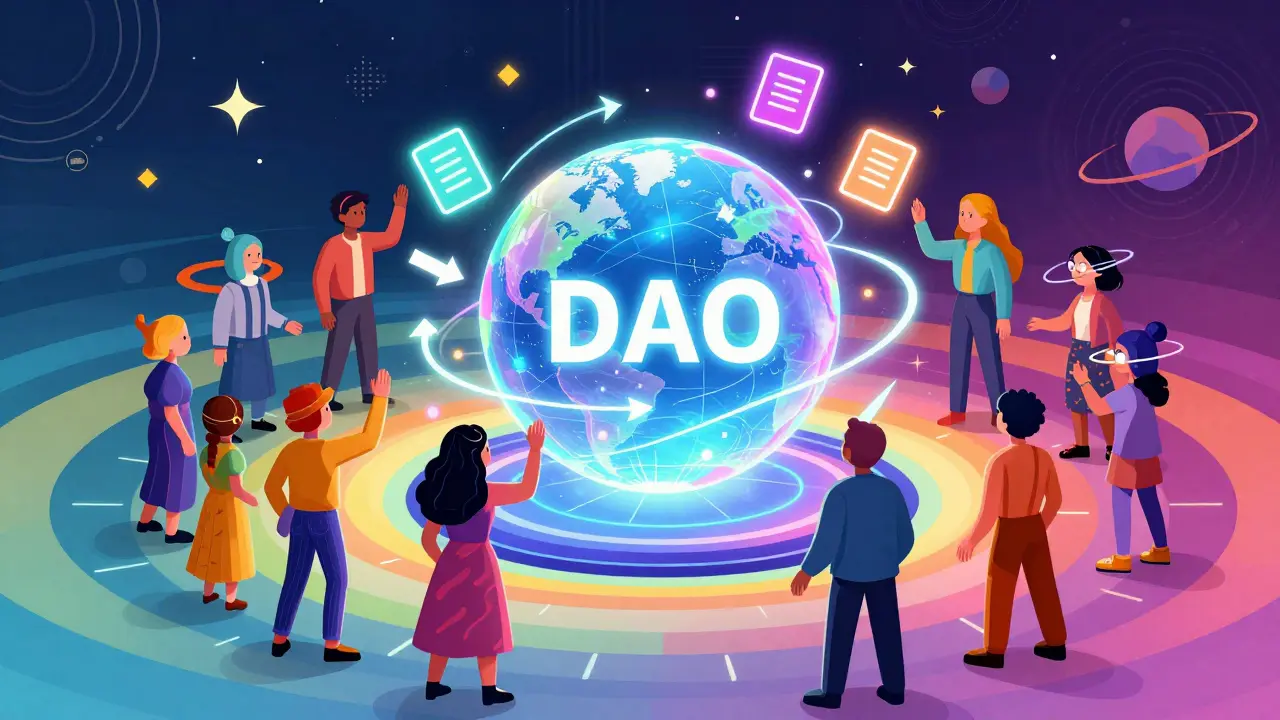 Whimsical characters around a holographic globe voting on token releases.