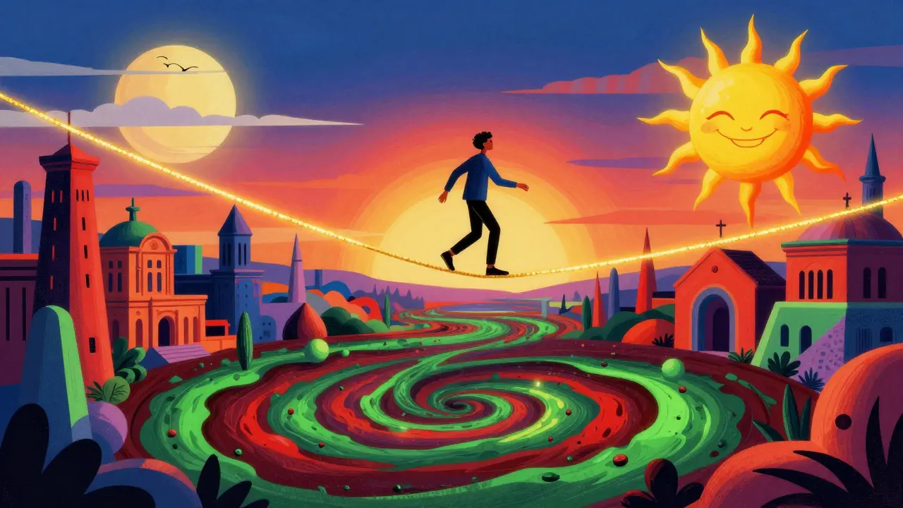 Whimsical illustration of a person balancing on a tightrope over a colorful vortex.