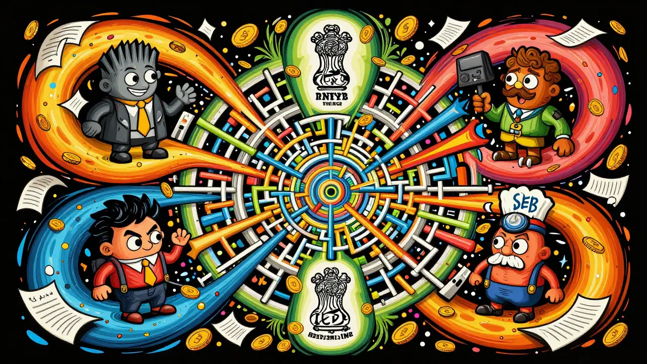 Whimsical illustration of four Indian regulatory agencies surrounded by psychedelic swirls.