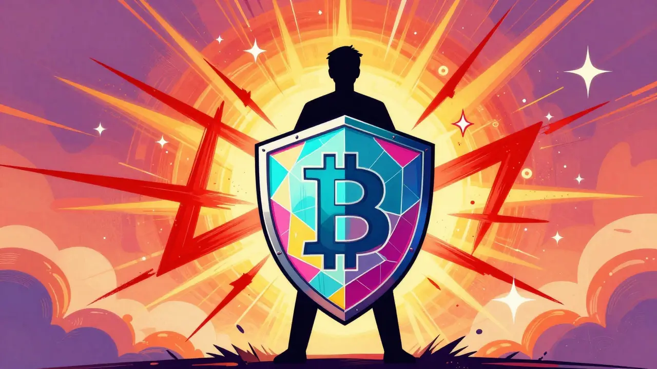 A person protected by a colorful geometric shield against chaotic red attack lines.