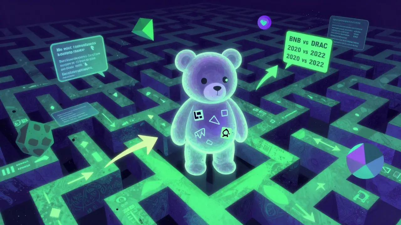 Abstract art of confused teddy bear surrounded by conflicting data symbols