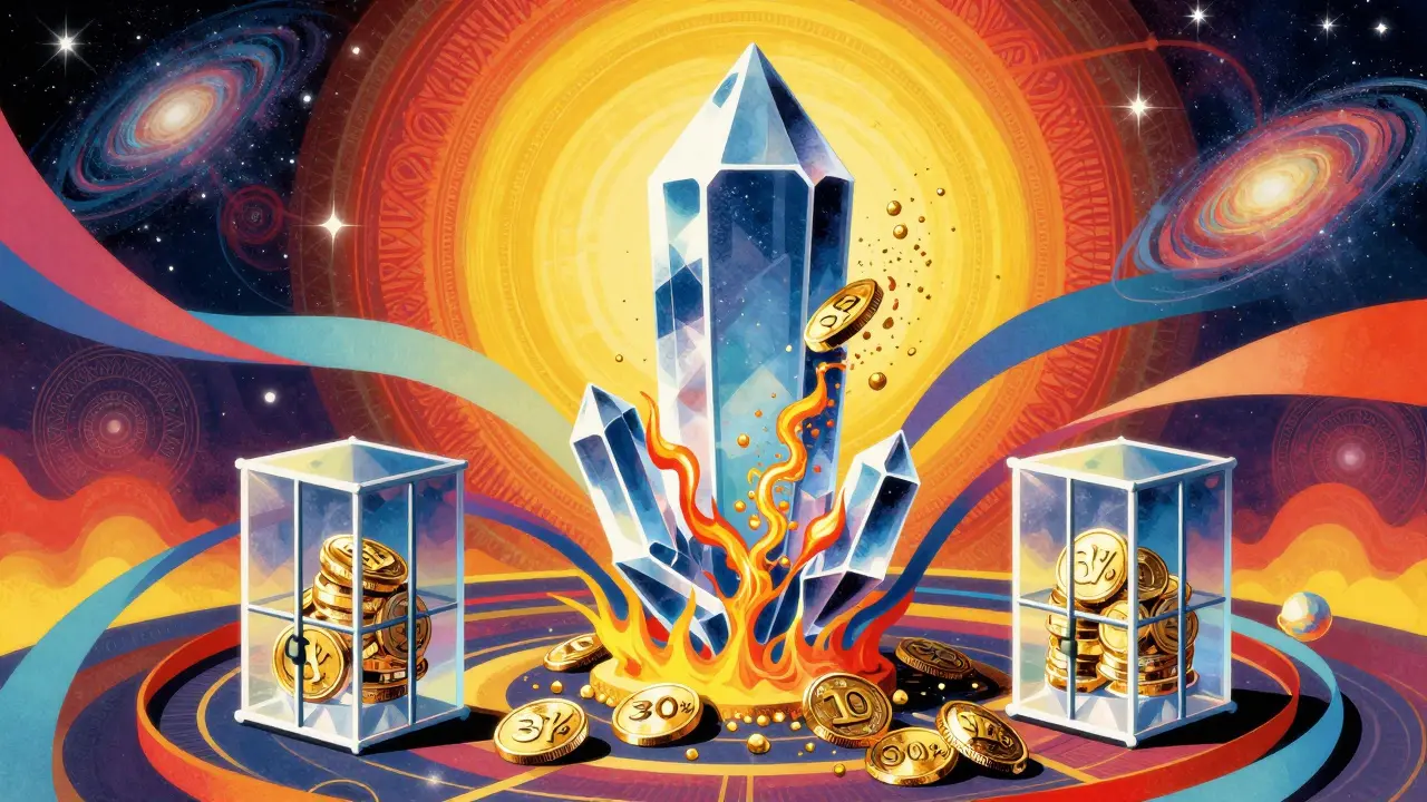 Abstract art showing token supply burning and locking in vibrant Peter Max style.