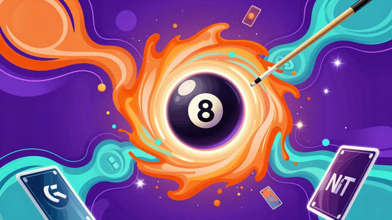 Abstract Peter Max illustration of Solana blockchain and digital billiards assets
