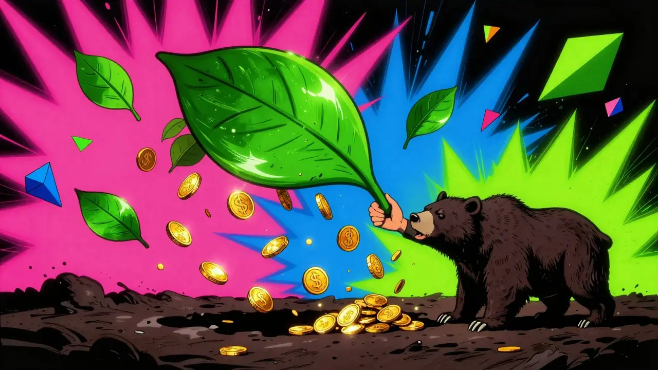 Artistic depiction of buying more shares during a market dip using colorful abstract shapes.
