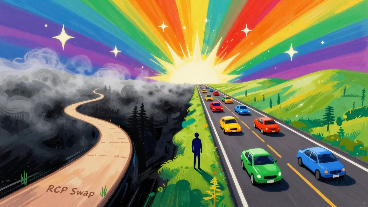 Artistic depiction of choosing between a narrow path and a highway