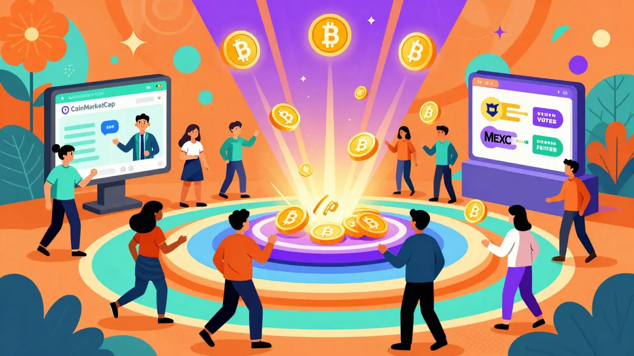 Avatars gathering around a radiant platform receiving BTH tokens amidst abstract psychedelic patterns.