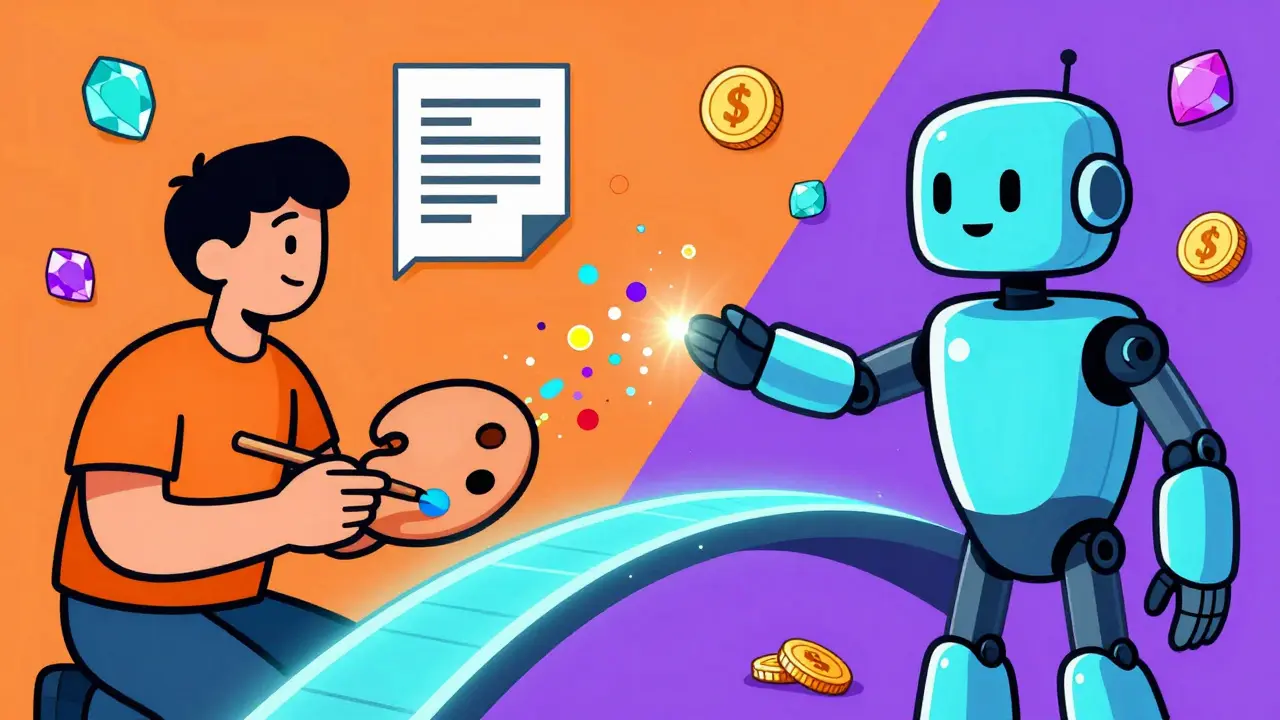 Cartoon artist and AI robot exchanging colorful data streams over a glowing bridge of light.