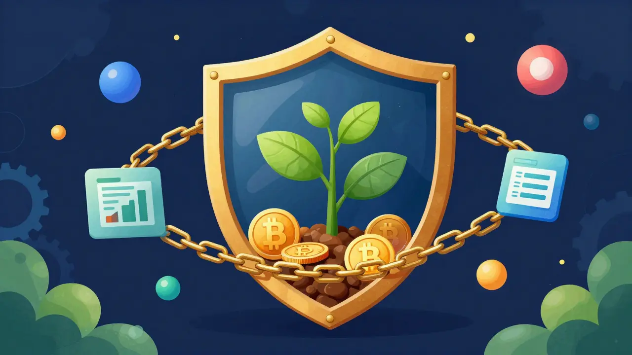 Colorful abstract art showing a protective shield and growing plant representing stable crypto business growth.