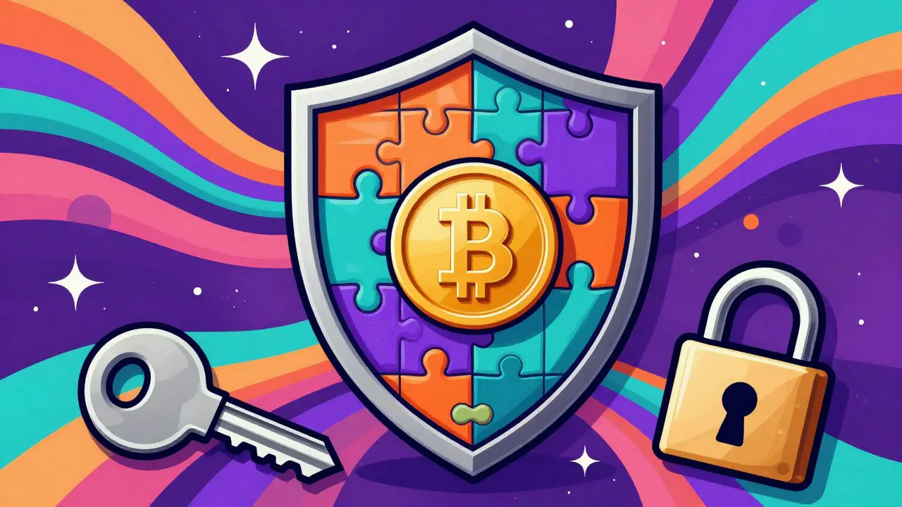 Colorful abstract shield protecting a crypto coin from cyber threats in Peter Max style.