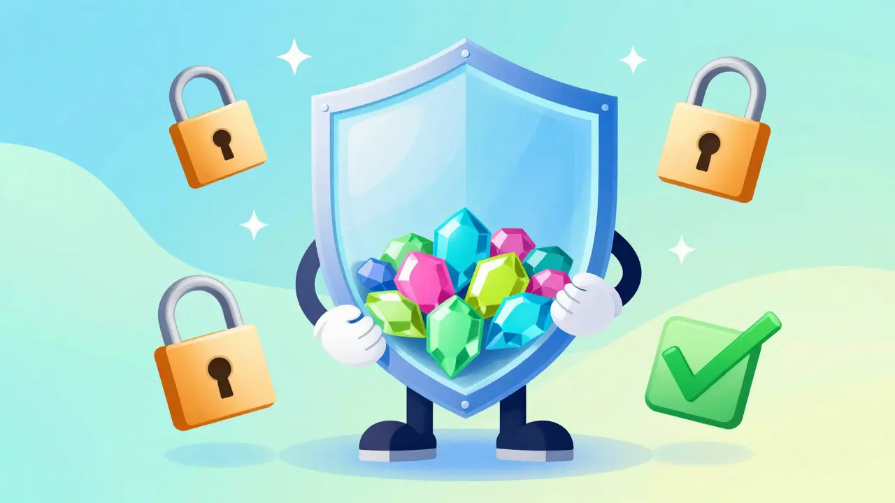 Colorful cartoon showing a user protecting GFI tokens with a glowing shield against threats.