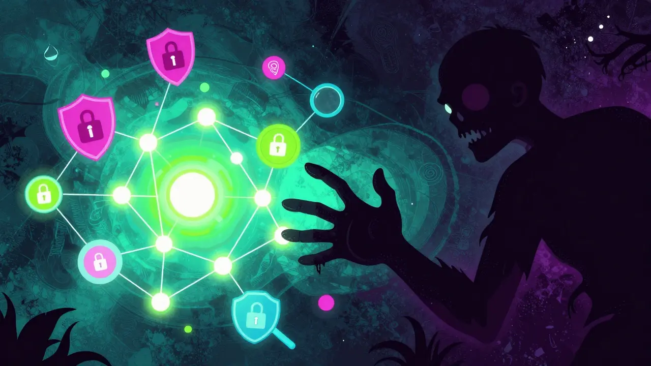 Colorful cartoon warning about zombie coins with a shadowy hand reaching out