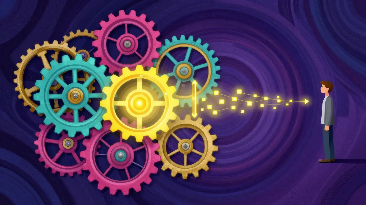 Colorful clockwork mechanism releasing data packets for conditional access