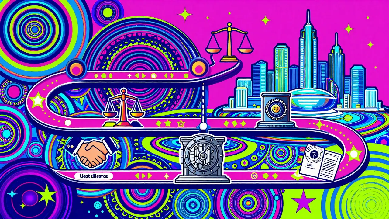 Colorful illustrated timeline showing legal migration steps for crypto traders