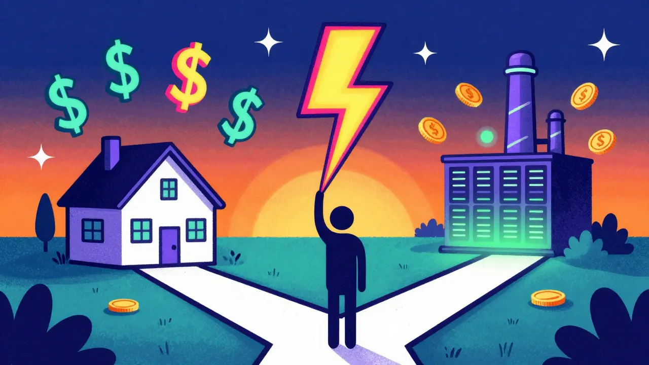 Colorful illustration of electricity cost tradeoffs