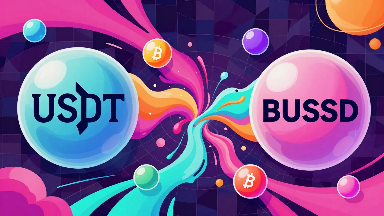 Colorful illustration of merging stablecoin tokens in a liquidity pool, Peter Max style.