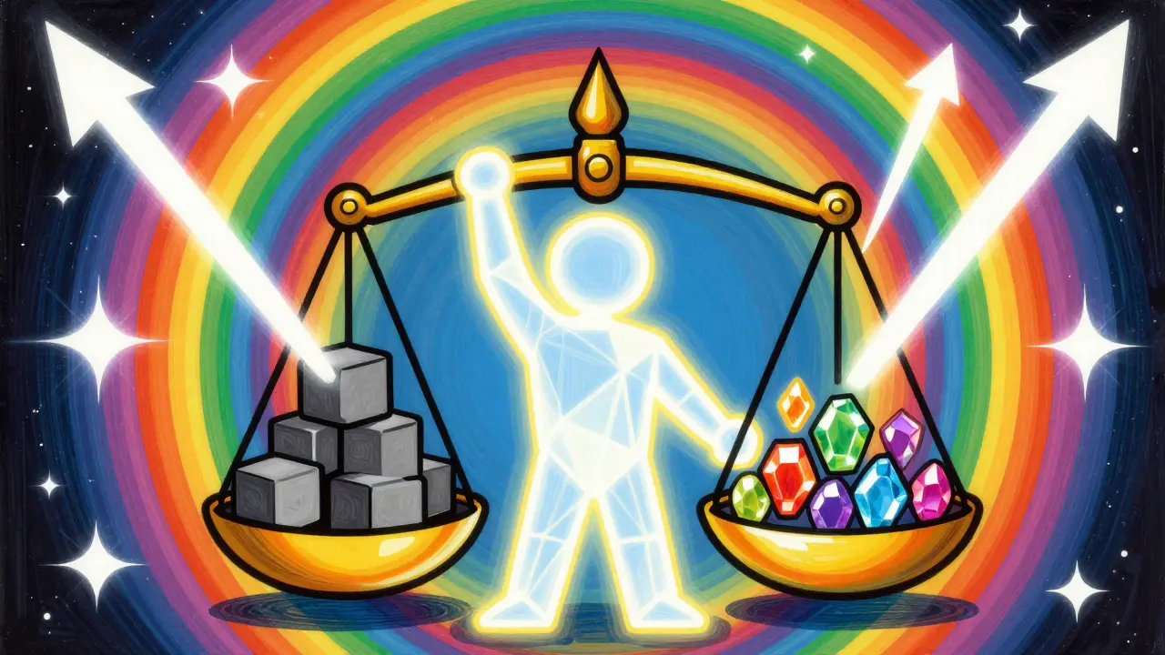 Colorful Peter Max art showing miner prioritizing high-fee transactions with golden scales