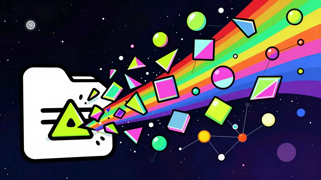 Encrypted data shards floating through a colorful network in Peter Max style