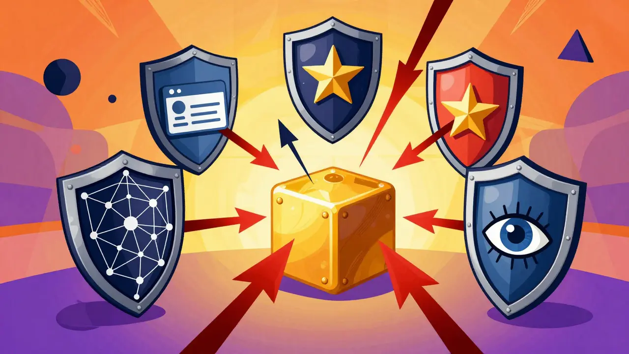 Five colorful shields protecting a blockchain node from attacks