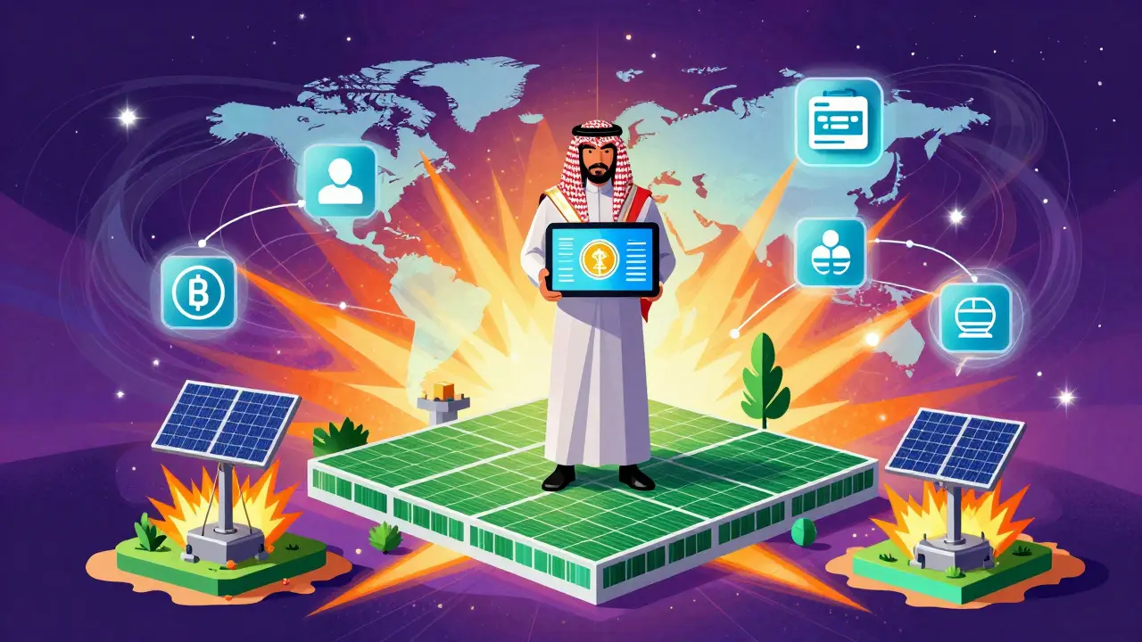 Future Saudi finance with CBDC and green energy mining in colorful Peter Max illustration