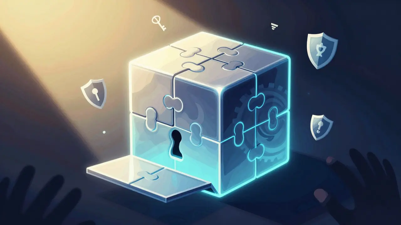 Glowing puzzle box symbolizing crypto security risks in Peter Max illustration style.