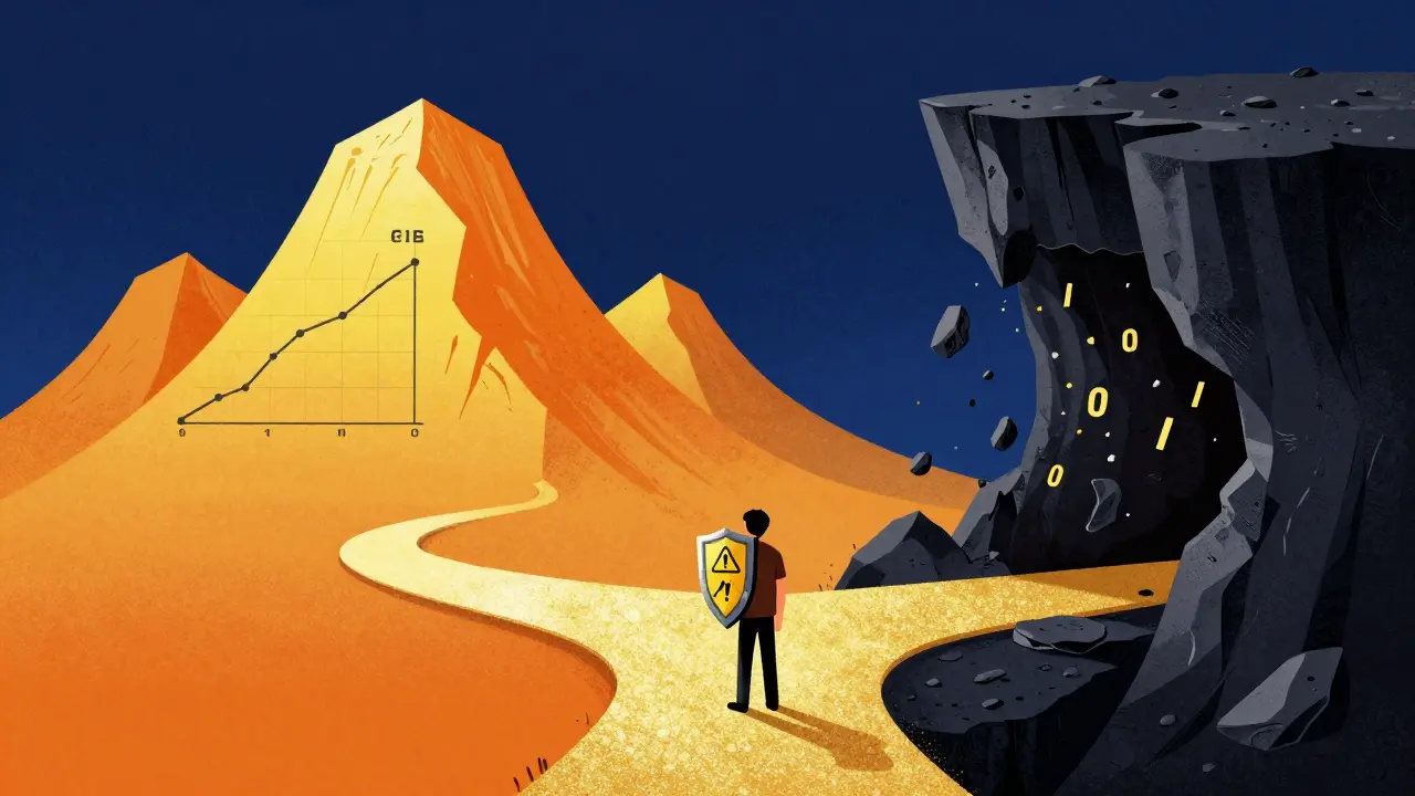 Illustration contrasting golden hype illusion with dark financial risk void