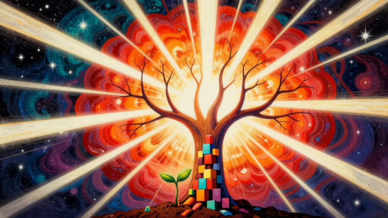 Illustration of a growing tree made of investment blocks reaching toward a cosmic sky.