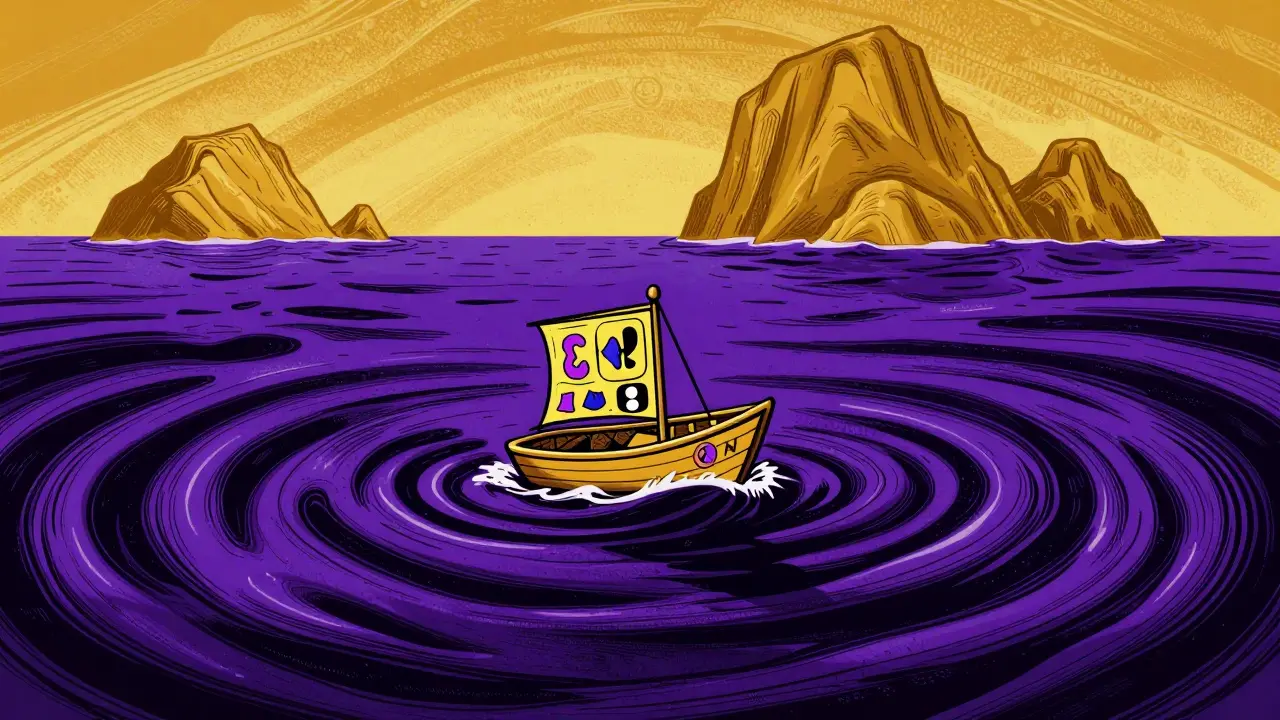 Illustration of a small boat on turbulent waters vs stable islands