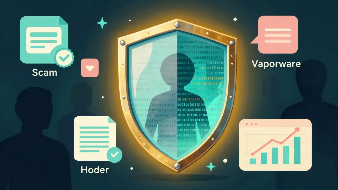 Illustration of blockchain shield protecting user from scam risks