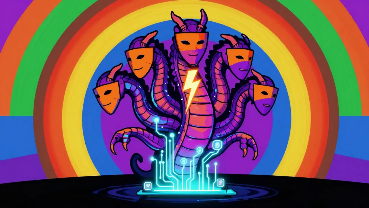 Neon hydra with circuit board heads regenerating after being struck, symbolizing exchange resilience.