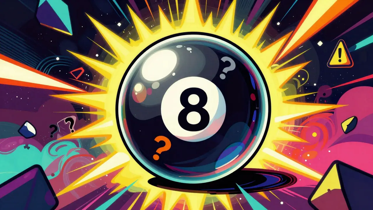 Peter Max style art showing a floating 8-ball amidst swirling colors and risk symbols