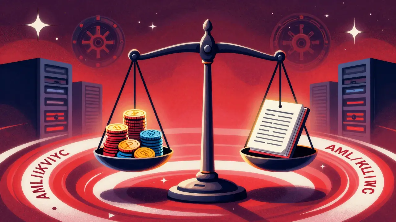 Peter Max style image of a balanced scale weighing crypto coins against a legal ledger book.