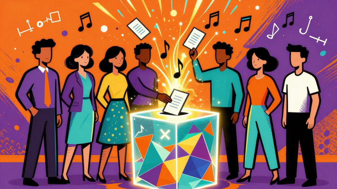 Pop-art illustration of people voting with ballots turning into streams of light.