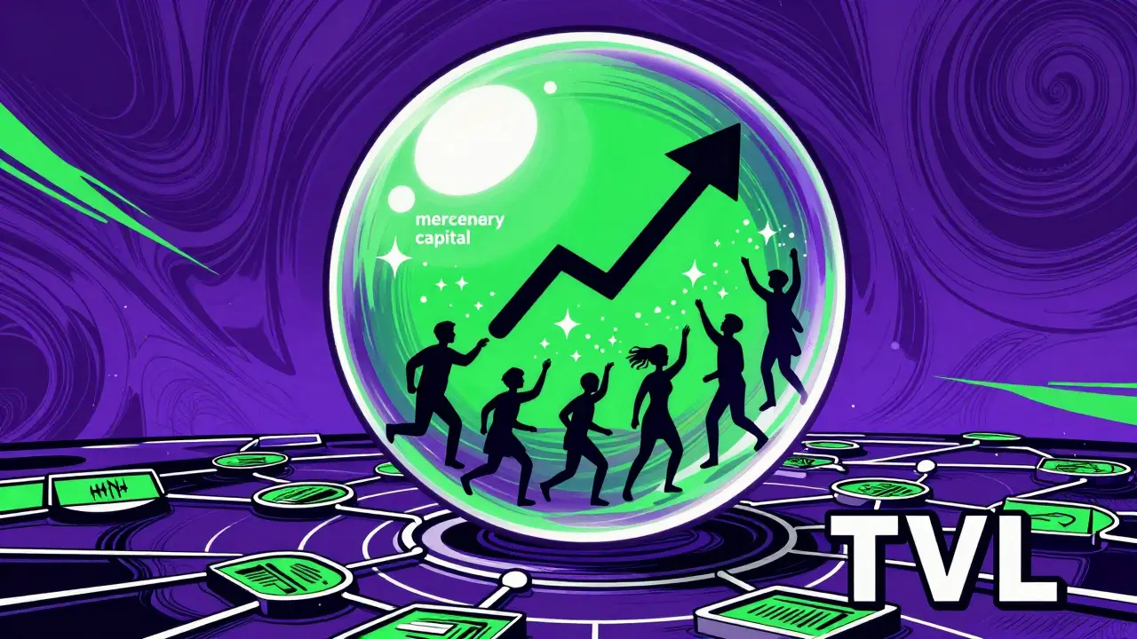 Psychedelic illustration of a fragile bubble showing manipulated DeFi TVL and mercenary capital.